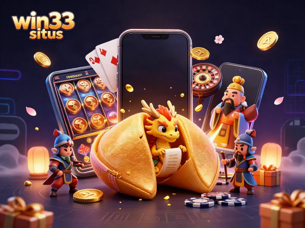 Engage in gaming excitement with win33 situs featuring a giant fortune cookie and dragon revealing a fortune.