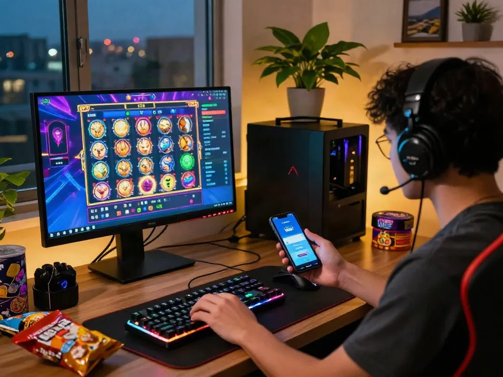 Player engaging with vibrant slot resmi game on desktop while using DANA for deposits.