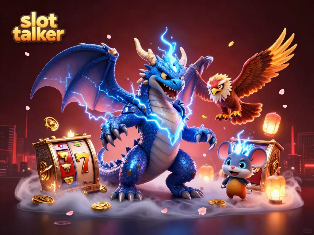 Experience slot talker with an electrifying gaming scene, featuring dynamic characters and vibrant slot machines.