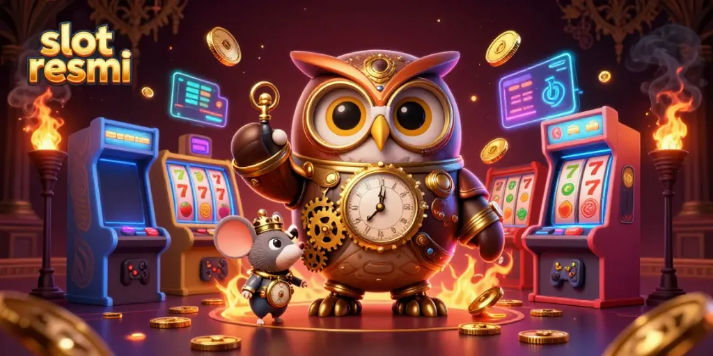 Engage with slot resmi through a vibrant 3D illustration showcasing time-traveling characters and exciting casino elements.