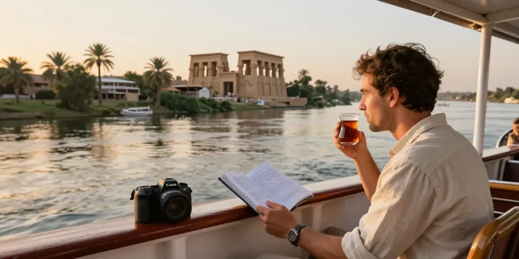 Nile River cruises experience with travelers enjoying luxury and scenic views during sunset.