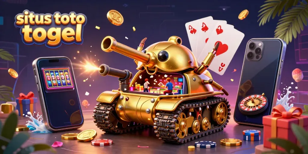 Engaging scene of a massive golden beetle tank themed for situs toto togel, showcasing a miniature casino with cheerful players, confetti, and vibrant gaming elements.