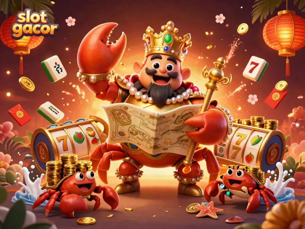 Engage with slot gacor excitement in this vibrant 3D casino scene featuring a golden crab emperor.