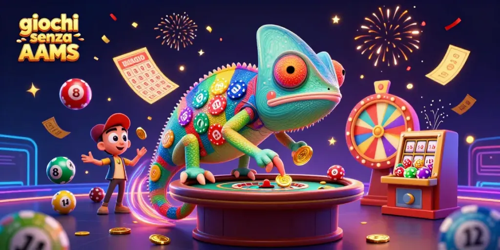 Gioca ai giochi senza AAMS con il camaleonte del casinò che osserva i tavoli di roulette.
