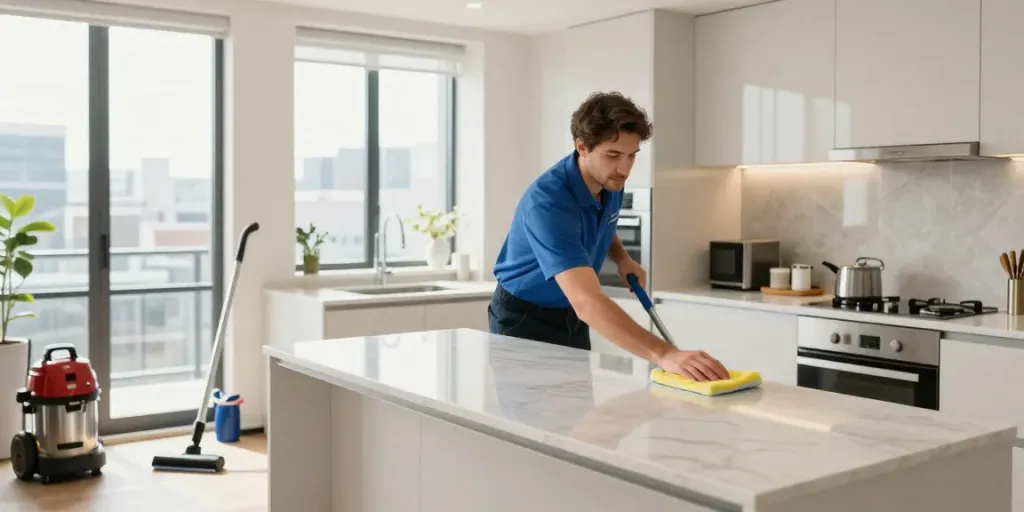 End of lease cleaning in Melbourne with a professional cleaner ensuring a spotless kitchen.