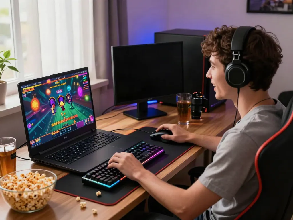 Player enjoying ahha4d online slots on a modern gaming laptop with vibrant visuals.