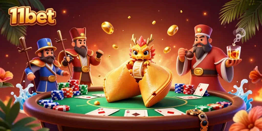 Experience dynamic gaming action with 11bet's vibrant casino illustration featuring poker elements and lucky charms.