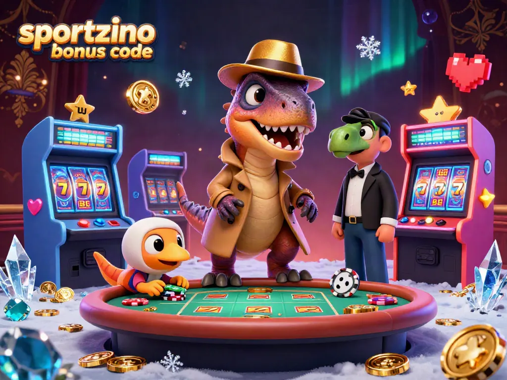 Engage with the sportzino bonus code at a lively casino scene with playful dinosaurs and vibrant game elements.