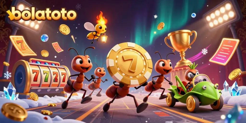 Experience the excitement of bolatoto with a heist scene featuring animated ants carrying a giant poker chip.