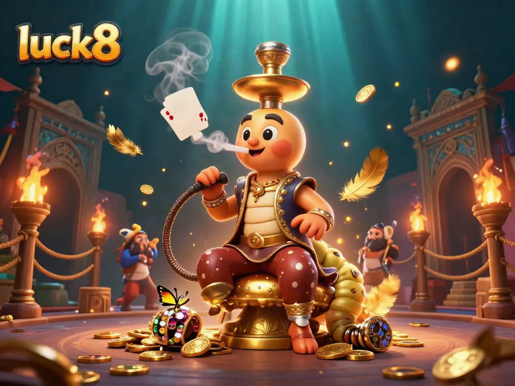Engaging illustration of luck8 featuring a whimsical caterpillar hookah-master symbolizing online gambling joy.