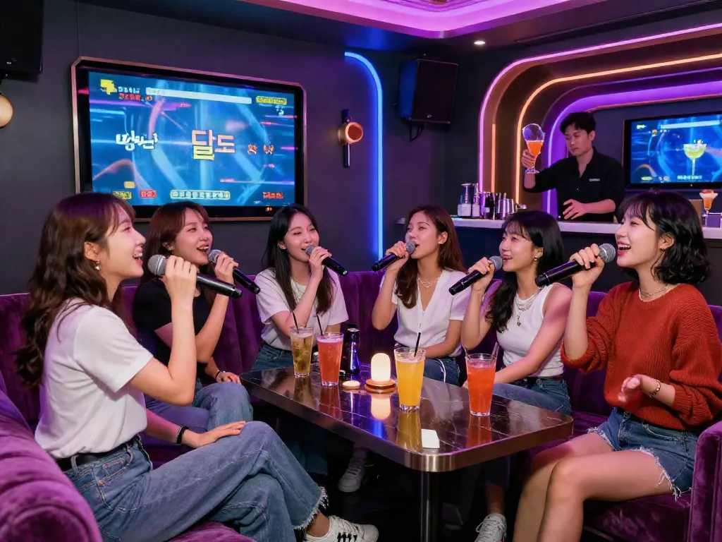 강남 달토의 현대적 분위기에서 친구들이 즐겁게 노래하며 음료를 나누는 모습