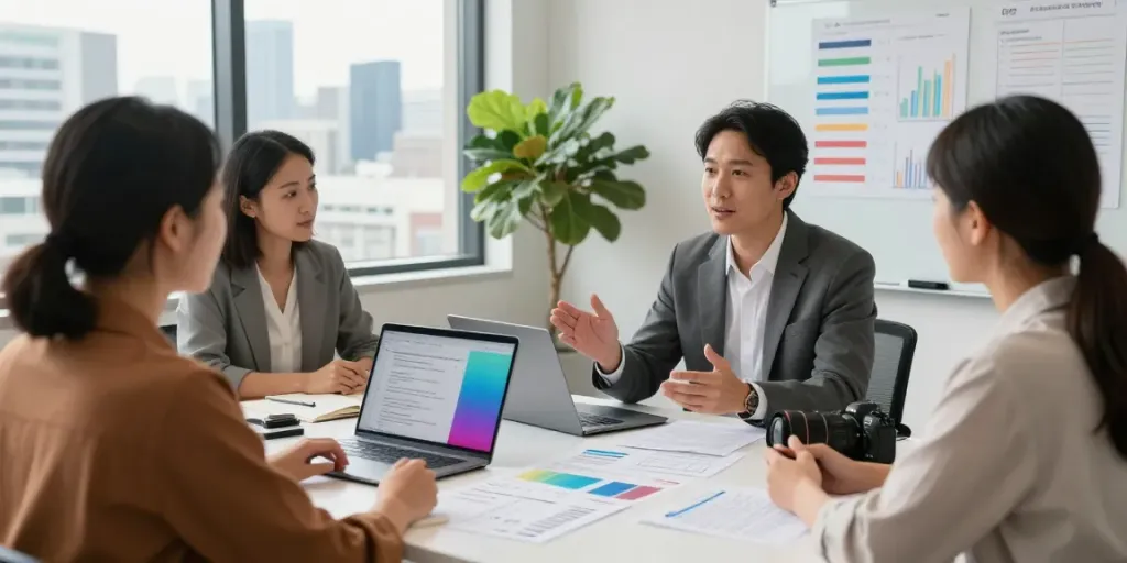 Financial Planner in Sydney consulting a professional family in a modern office with financial documents.