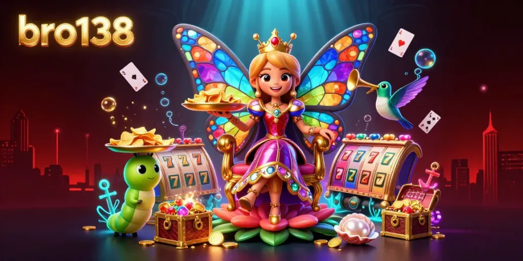 Experience the magic of bro138 with a colorful 3D casino-themed illustration showcasing slots, jackpot elements, and royal characters.