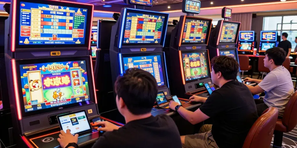 Players enjoying colorful PG电子 games in a lively online casino environment.