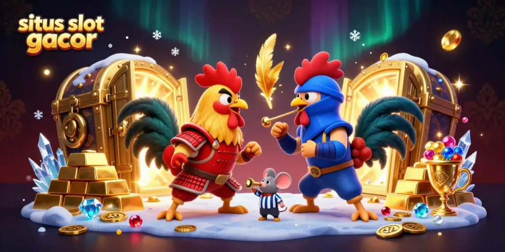 Engage in thrilling action at situs slot gacor with vibrant 3D cartoon roosters and treasure elements.