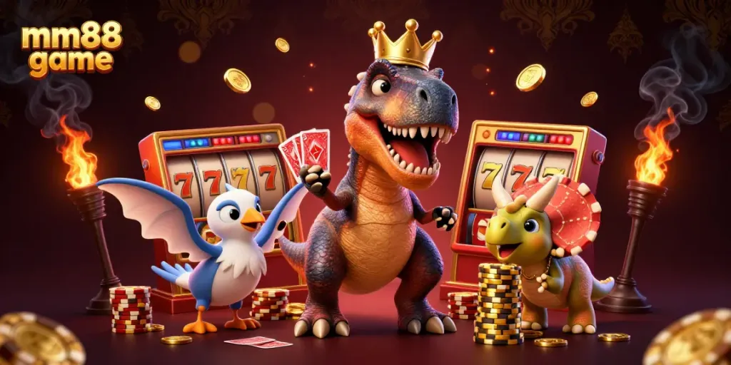 Experience the excitement of the mm88 game with a T-Rex card player, chips, and casino themes.