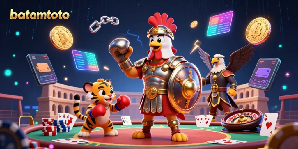 Ilustrasi 3D bertema kasino menampilkan batamtoto dengan elemen meja poker.