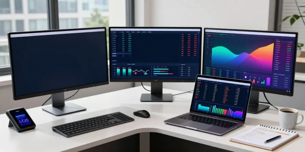 Explore real-time stock data with this free stock market API in a modern trading workspace filled with technology and inspiration.