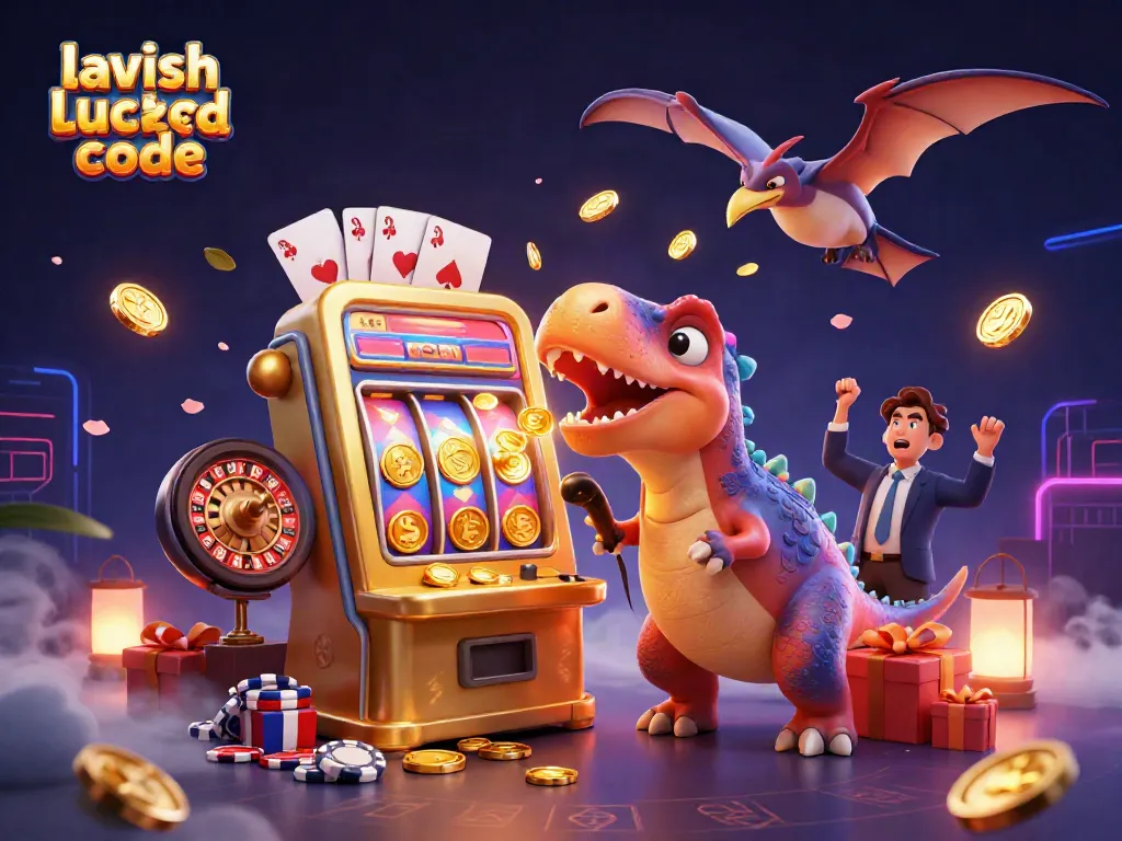 Eye-catching 3D scene showcasing the lavish luck reward code with vibrant illustrations of casino elements, including a winning slot machine and flying coins.