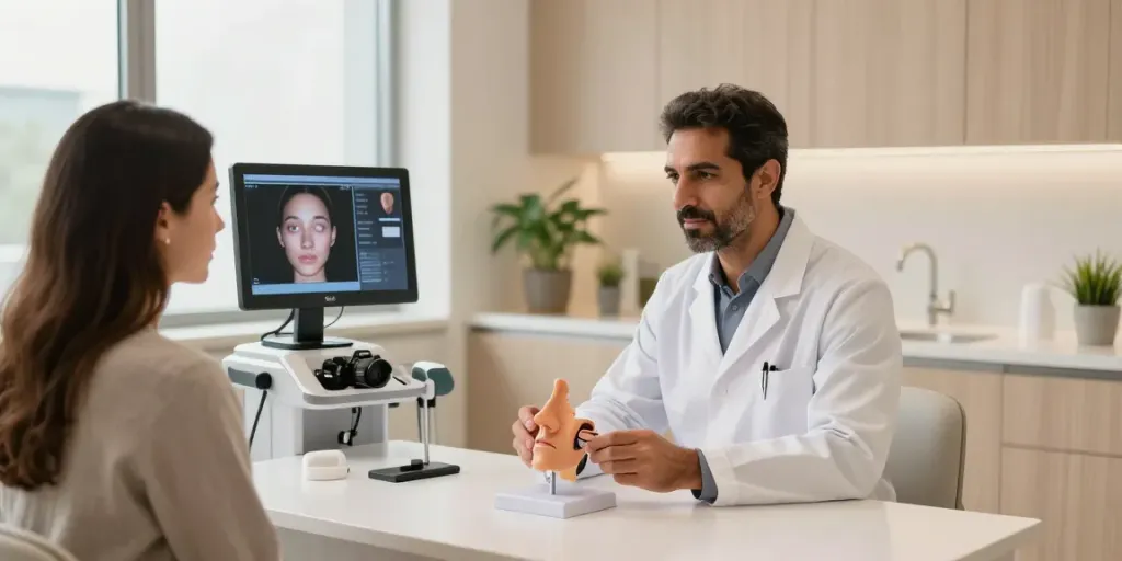 Dr. Zahi Abou Chacra consulting with a patient on rhinoplasty in a modern clinic setting.