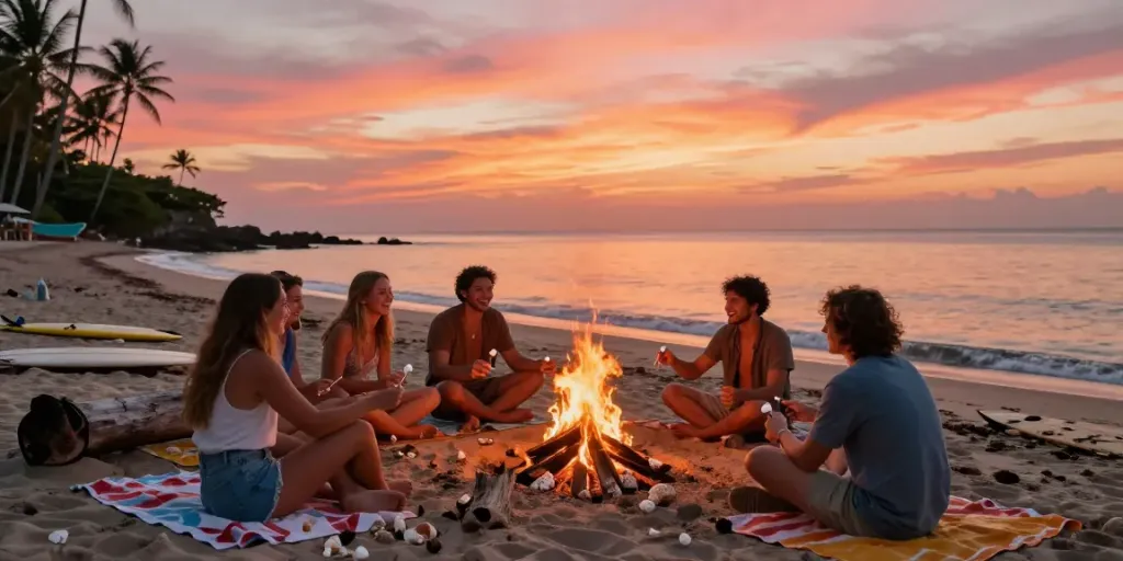Tampak suasana pantai pada senja saat kelompok teman menikmati api unggun, berhubungan dengan bukumimpi138.