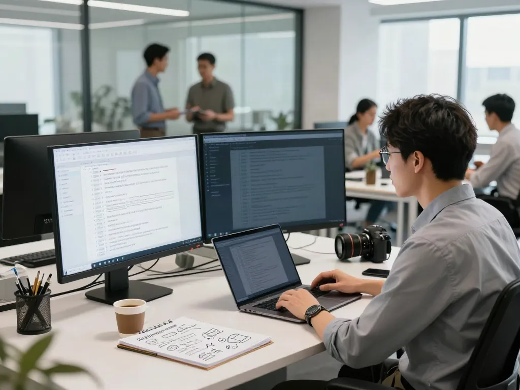 Find AI datasets in a modern workspace showcasing a data scientist analyzing data digitally with collaborative team members.