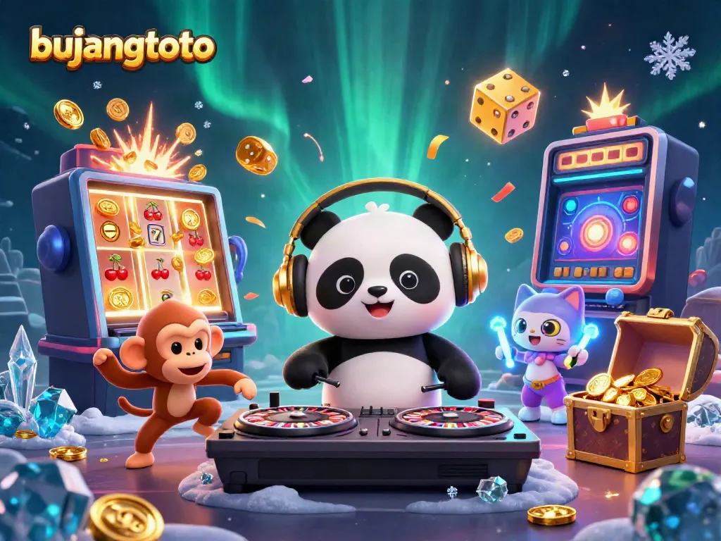 Experience the thrill of bujangtoto as a panda DJ spins while surrounded by vibrant casino elements.