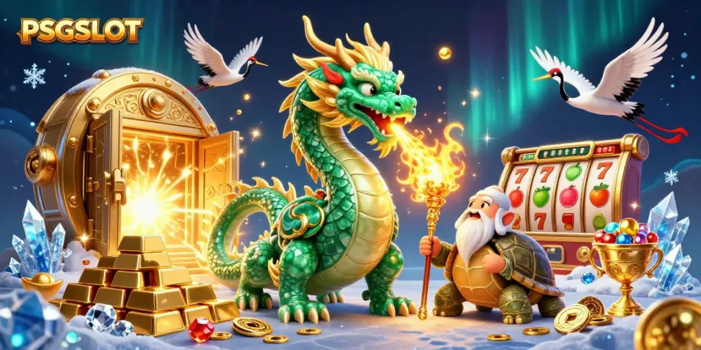 Engage with winning strategies on PSGSLOT's vibrant 3D casino illustration featuring dragons and treasure.
