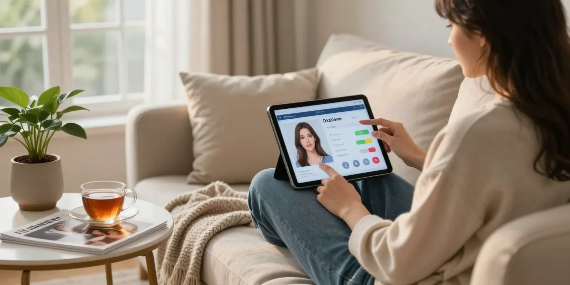 Person testing attractiveness on tablet while relaxing at home.