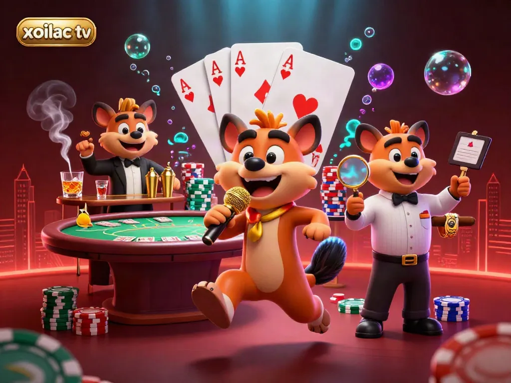 Xoilac TV offers a vibrant casino experience with 3D hyena characters at a comedy club.