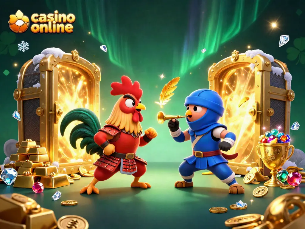 Los gallos de combate se enfrentan en un vibrante casino online lleno de oro y gemas.