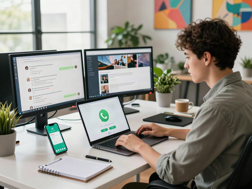 Youthful professional engaging with gb WhatsApp on laptop in a bright, creative workspace.