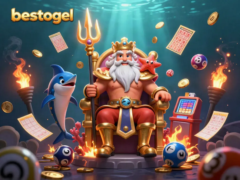 Gambaran detail 3D menarik dari besttogel dengan elemen lotere, piala emas, dan koin di atmosfer bawah laut.