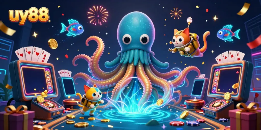 Engage with thrill and excitement at uy88, where a kraken, diving cat, and glowing sea creatures create a lively casino atmosphere.