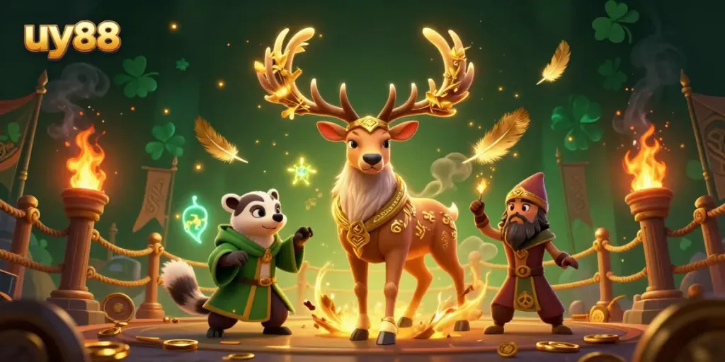 Experience the thrill of uy88 gaming, with a Celtic druid and badger in a vibrant casino scene.