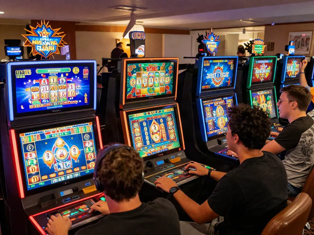 Exciting online casino gaming scene highlighting slot gacor hari ini excitement with players celebrating wins, vibrant digital displays.