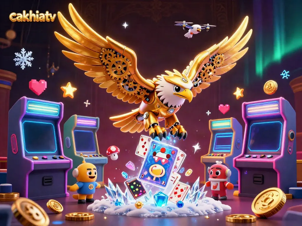 Experience thrilling moments on cakhiatv with an exhilarating dive of a golden eagle amidst casino icons and holographic cards.