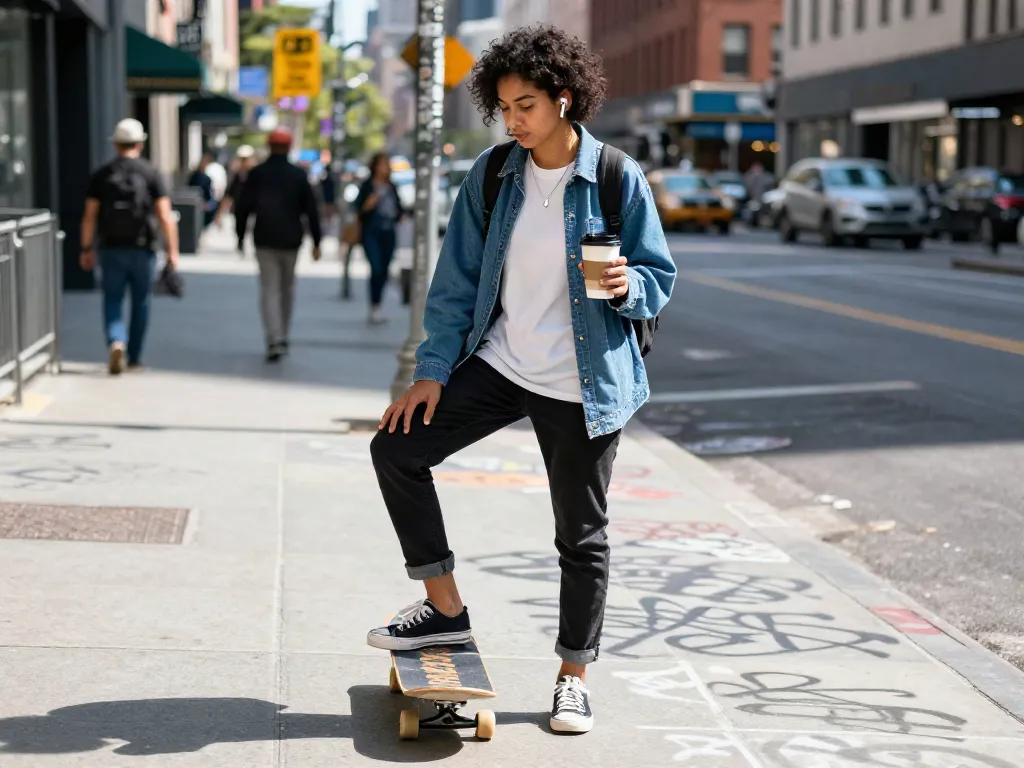 Roma Army nudes lifestyle scene featuring stylish individual in urban setting with skateboard.