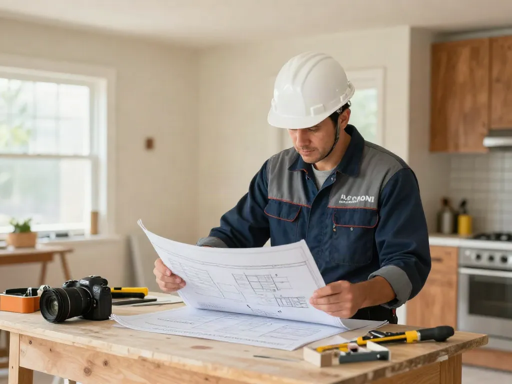 Wish4d: Trusted local contractor reviewing blueprints at renovation site.