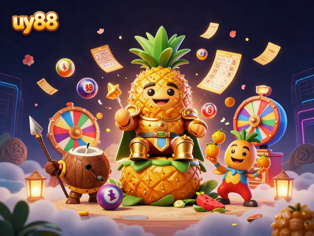 Play exciting games at uy88, featuring a vibrant casino scene with a pineapple king and lottery elements.
