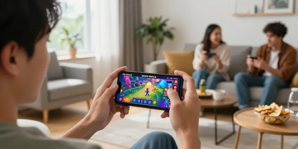 Pengalaman bermain game slot dewi19 secara mobile dengan suasana nyaman di ruang tamu.