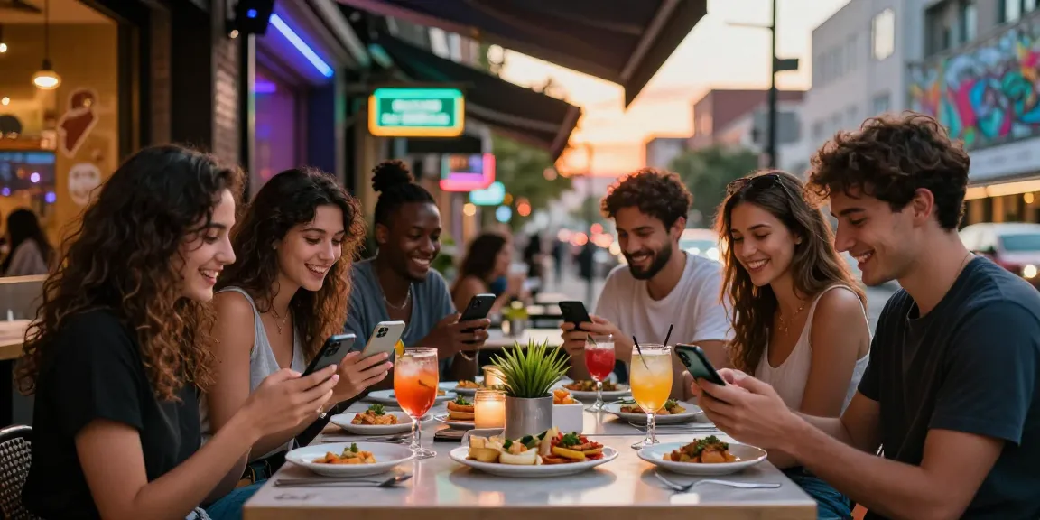 Gái gọi và bạn bè thư giãn tại quán cà phê ngoài trời trong buổi tối thành phố sôi động.