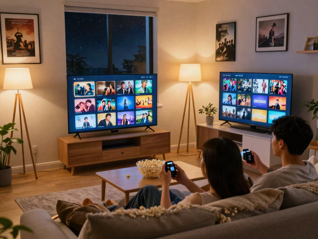 Enjoying cocoflix streaming on cozy sofa with popcorn and warm lighting