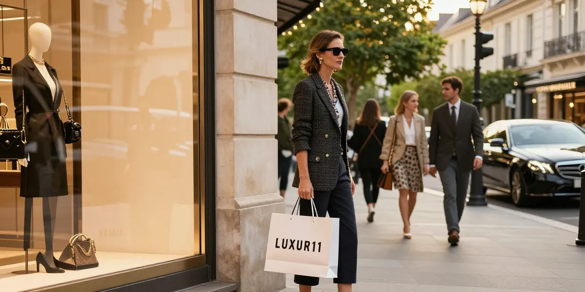 Gaya hidup mewah dengan LUXURY111, individu bergaya memegang tas belanja di luar butik chic.