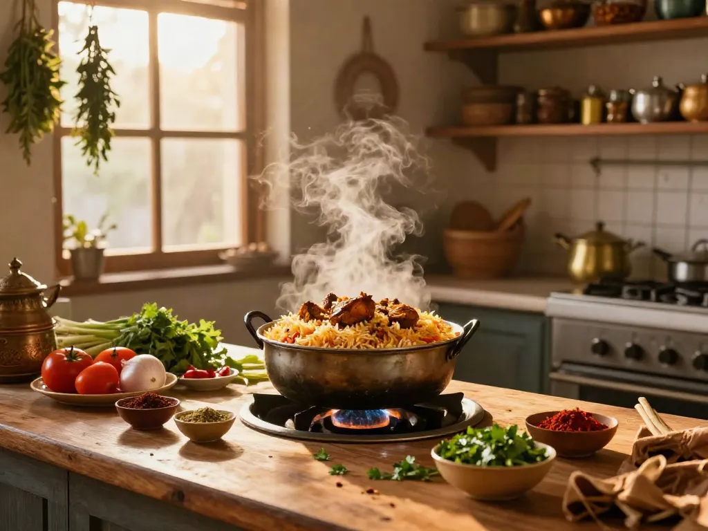 Deliciously prepared best and authentic biryani in a sunlit kitchen scene.