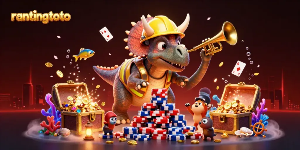 Gambaran 3D rantingtoto di kasino dengan triceratops dan elemen permainan yang menakjubkan.