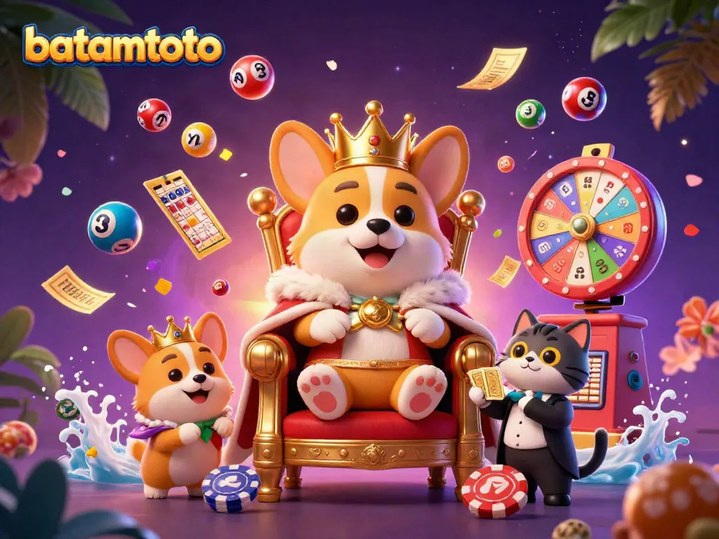 Engage with batamtoto's playful scene featuring royal corgis amidst colorful lottery elements.