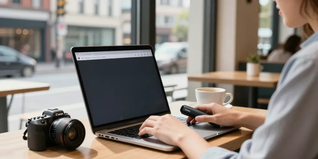 Person using the Insanony app to view Instagram stories anonymously in a trendy coffee shop.