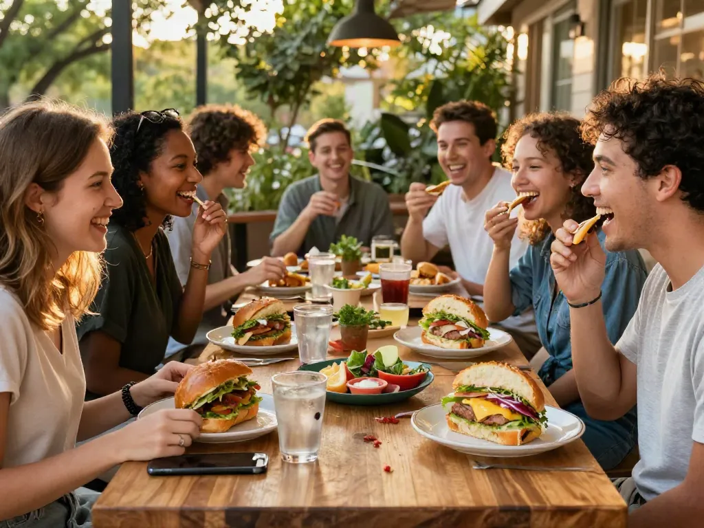 Best breakfast Austin featuring friends enjoying NYC-inspired sandwiches at Eggman with vibrant sauces.
