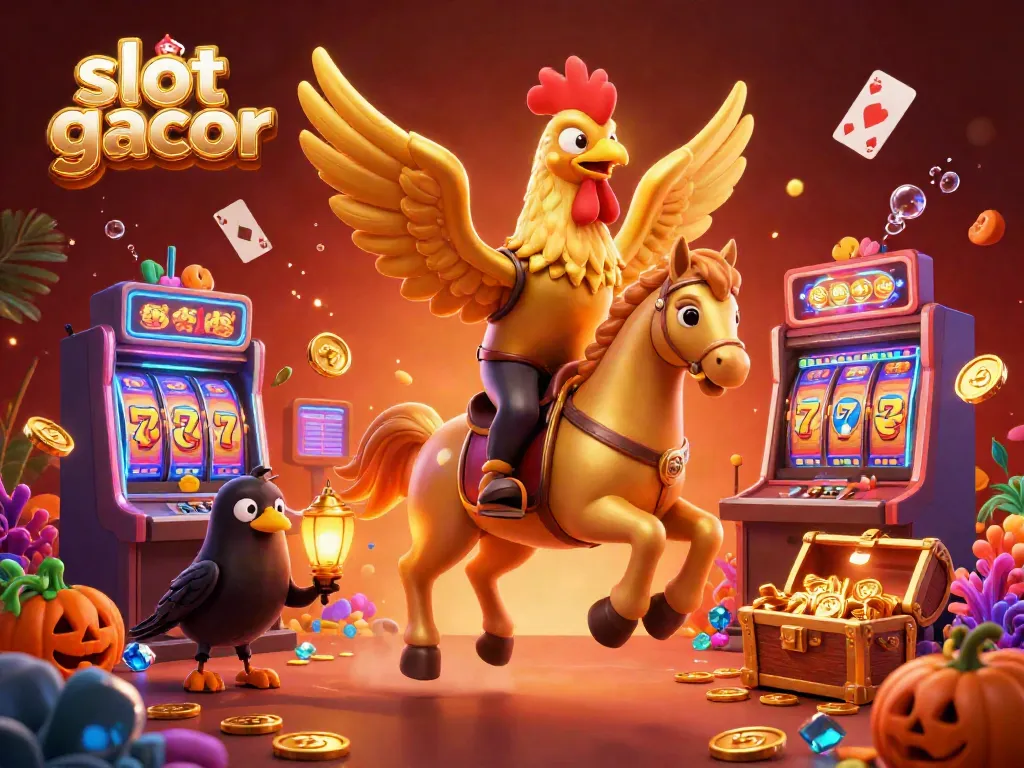 Engage with the adventure of slot gacor through a vibrant casino scene where a golden rooster rides amidst treasure and excitement.